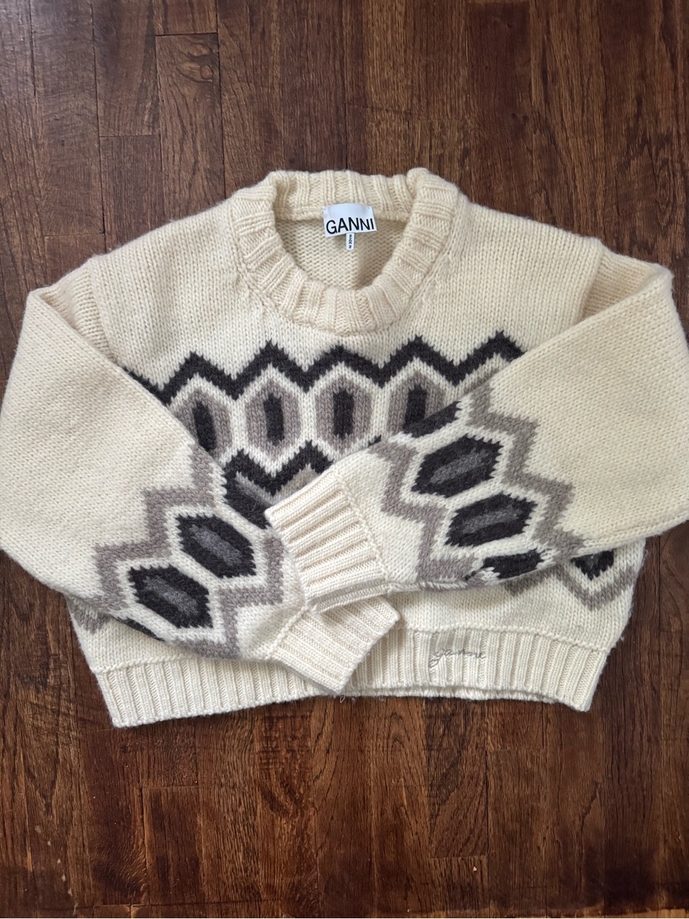 Ganni Cream Crewneck Sweater with Black & Gray Geometric Pattern